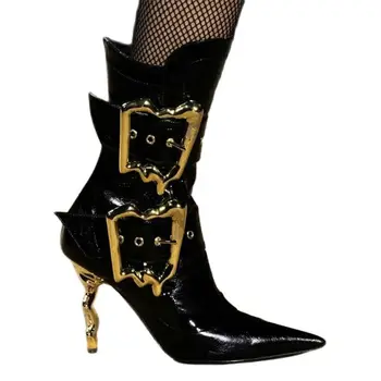 2023, есен-зима, нови маркови пикантен дамски обувки от лачена кожа с метални квадратни бутони, дамски обувки с остър пръсти на тънък висок ток в черен цвят