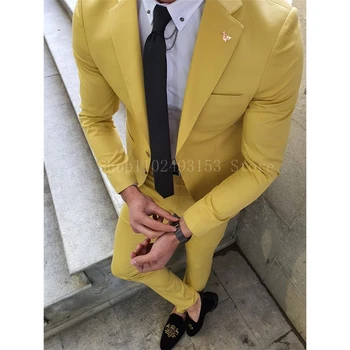 2023 Нов Модерен Жълт Мъжки Костюм Slim Fit И Лацканом На Две Копчета, 2 броя, Мъжки Смокинги За Сватба, Сако, Панталон, Костюм Homme