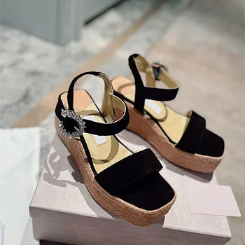 2023 нови Летни дамски сандали Дизайнерски обувки с високо качество, ракита тесьма, танкетка, луксозни дамски обувки на висок ток с отворени пръсти на платформа, 7 см