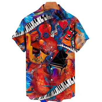 2023 Хавайска риза, Мъжки Ризи с копчета, Cartoony Музикален инструмент, Стандарт на Извънгабаритни Свободен Плажен топ с 3d Принтом и къси ръкави 5xl