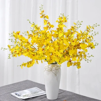 5 Клони Танци орхидея дълга клонка Коприна изкуствени цветя За дома, хол, Сватбена украса, Имитирующее растение жълт флорес