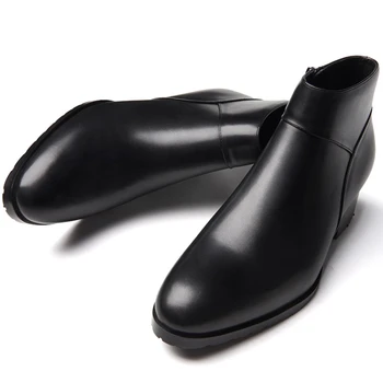 5 См Високи Токчета Глезените Ботуши Мъжки Луксозни Естествена Кожа Зима Мъжете Топло Zip Увеличаване На Височината На Бизнес Сватба Парти Социална Обувки