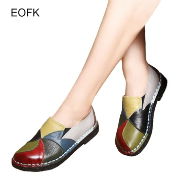 EOFK/демисезонная дамски обувки за мама; Красиви лоферы от естествена кожа; Разноцветни дамски Слипоны на равна подметка; големи Размери 35-4