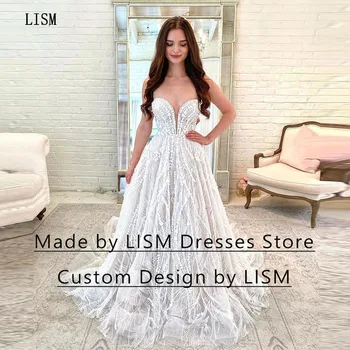 LISM, сватбени рокли принцеса с А-силует с дълбоко V-образно деколте, без презрамки, Апликации, ръкави от тюл с Дължина до пода, официални рокли за сватбени партита