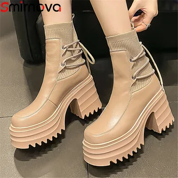 Smirnova 2022 Нови модела обувки на много гъст ток с шнур, дамски ботуши от естествена кожа на платформа