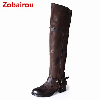 Zobairou, ботуши до бедрото, с катарама ръчно изработени, зимни дамски ботуши над коляното, кожени чорапи на квадратен ток, размер 12