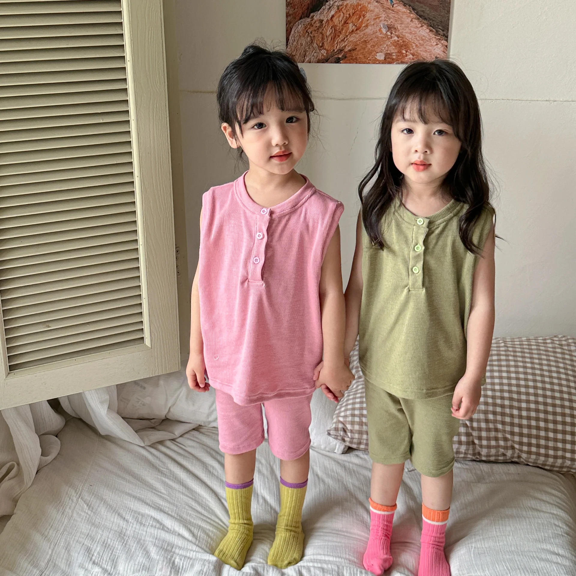 5035C Комплект детски дрехи 2023, Лятна Нова Домашно облекло, Корейски Еластичен Пижамный костюм за момчета, Жилетка + Панталони, Костюми-двойка за момичета - 3
