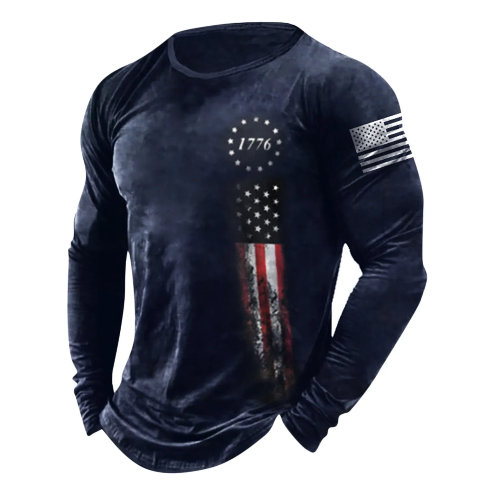 Американската тениска с дълъг ръкав, реколта мода мъжка тениска, пуловер с кръгло деколте и принтом на американското, мъжки спортни дрехи елегантна - 0