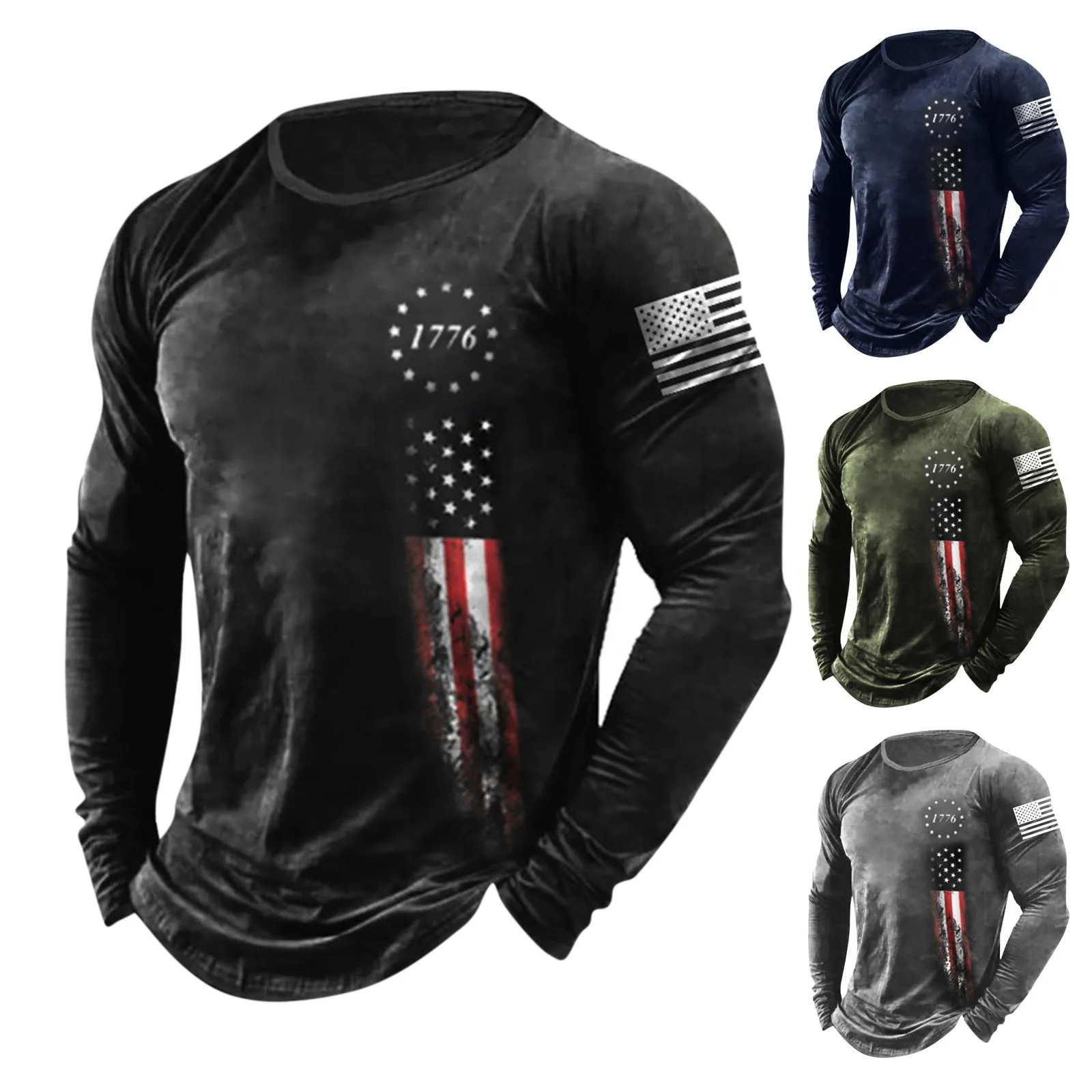 Американската тениска с дълъг ръкав, реколта мода мъжка тениска, пуловер с кръгло деколте и принтом на американското, мъжки спортни дрехи елегантна - 1
