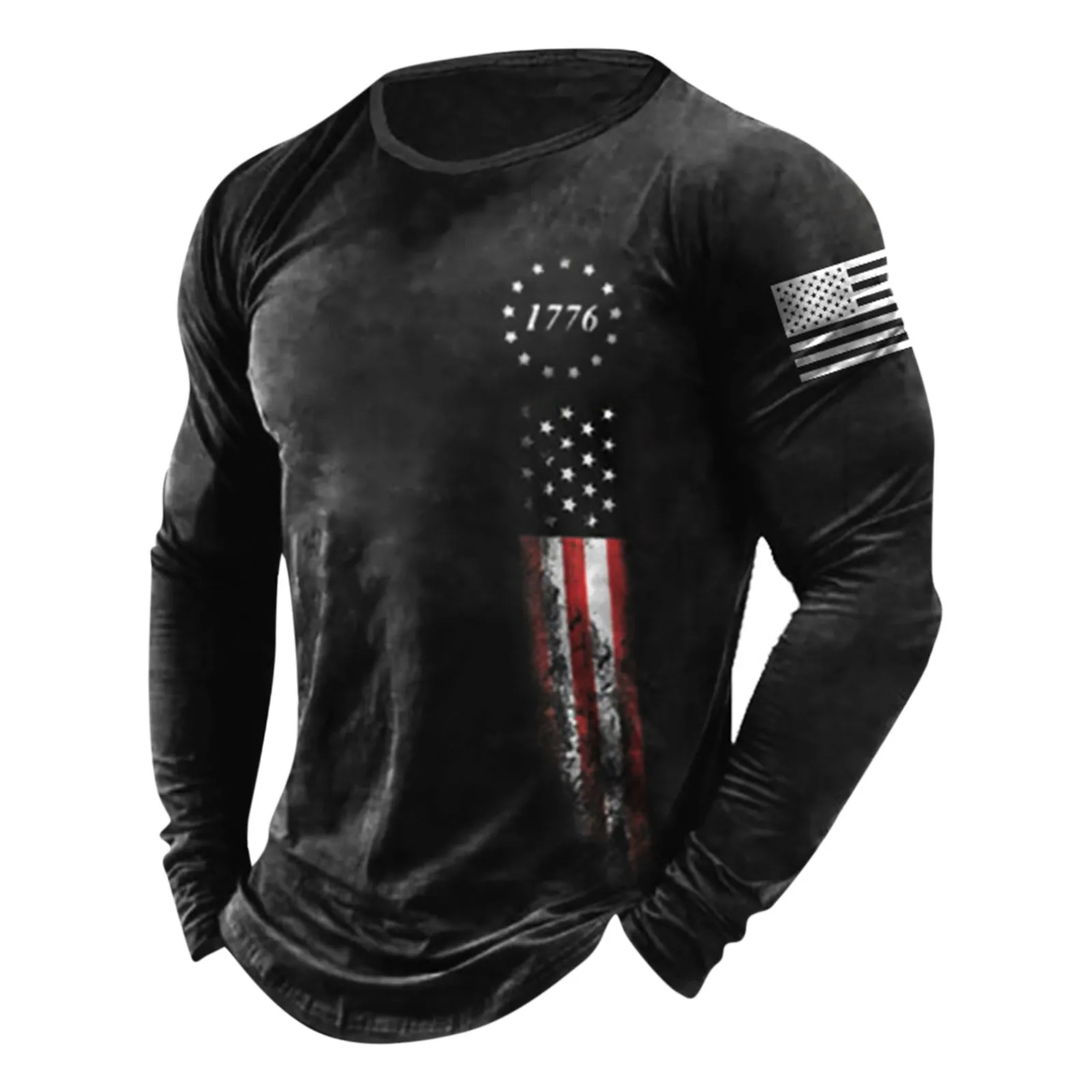 Американската тениска с дълъг ръкав, реколта мода мъжка тениска, пуловер с кръгло деколте и принтом на американското, мъжки спортни дрехи елегантна - 2
