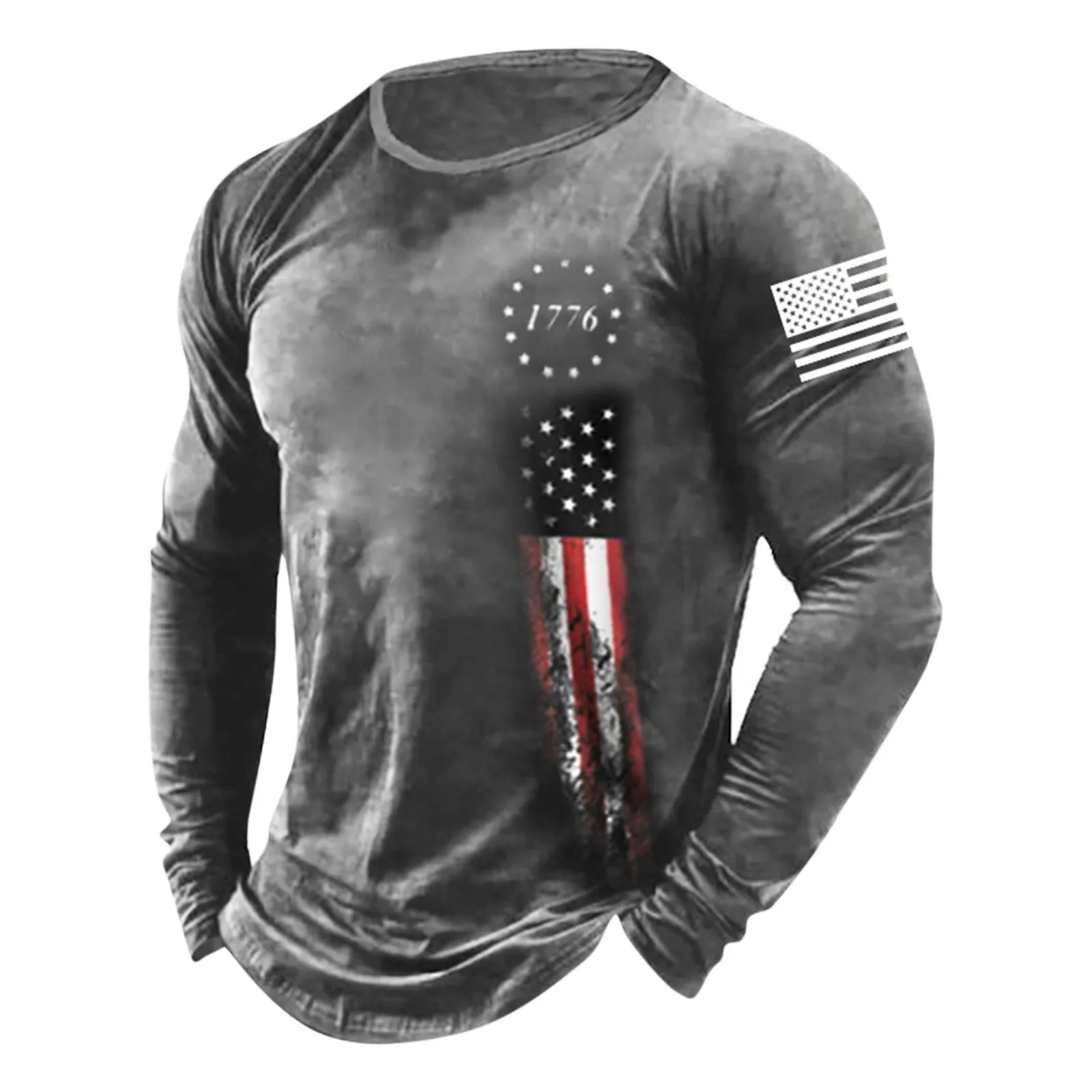 Американската тениска с дълъг ръкав, реколта мода мъжка тениска, пуловер с кръгло деколте и принтом на американското, мъжки спортни дрехи елегантна - 3