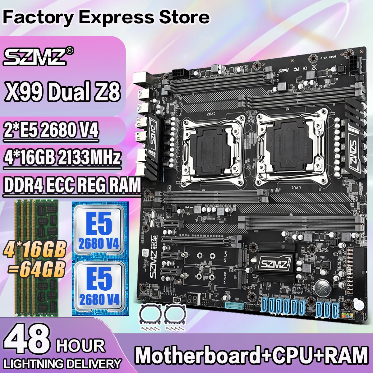 Дънна платка SZMZ X99 с двоен съединител Z8 LGA 2011-3 в комплект с процесор Xeon 2 * E5 2680 V4 и оперативна памет 4* 16 GB = 64 GB DDR4 2133 Mhz ECC REG X99 Kit - 0