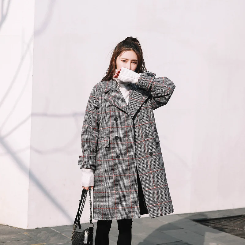 Женска Горна дреха, вълнена Палто в клетка с джобове, свободно вълна Палто с дълъг ръкав 2022, Зимата на топло памучно Дълго ежедневното палто, Есен дамско палто Дамско палто - 0