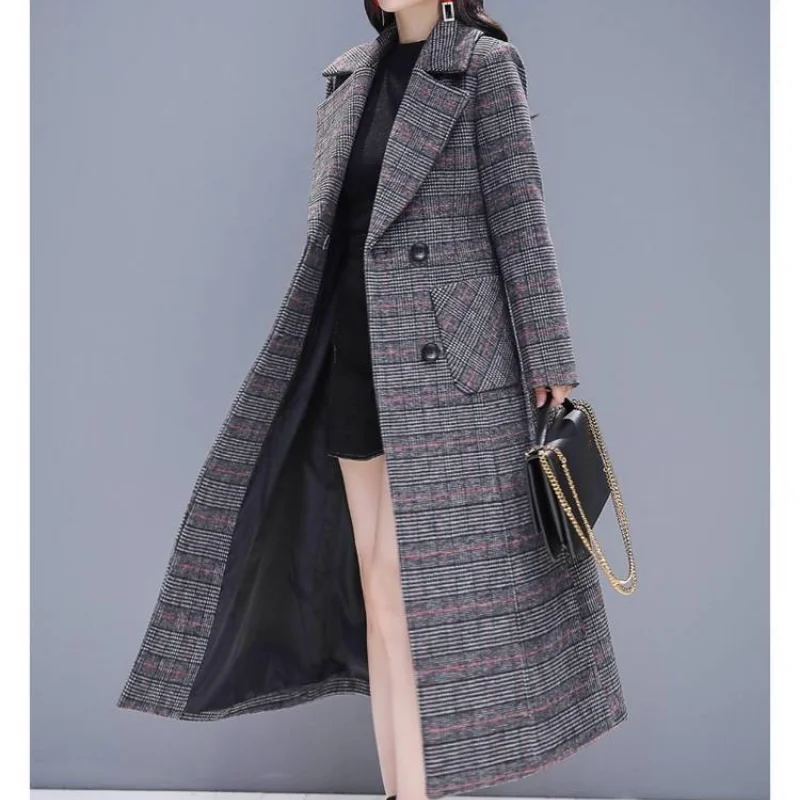 Женска Горна дреха, вълнена Палто в клетка с джобове, свободно вълна Палто с дълъг ръкав 2022, Зимата на топло памучно Дълго ежедневното палто, Есен дамско палто Дамско палто - 2