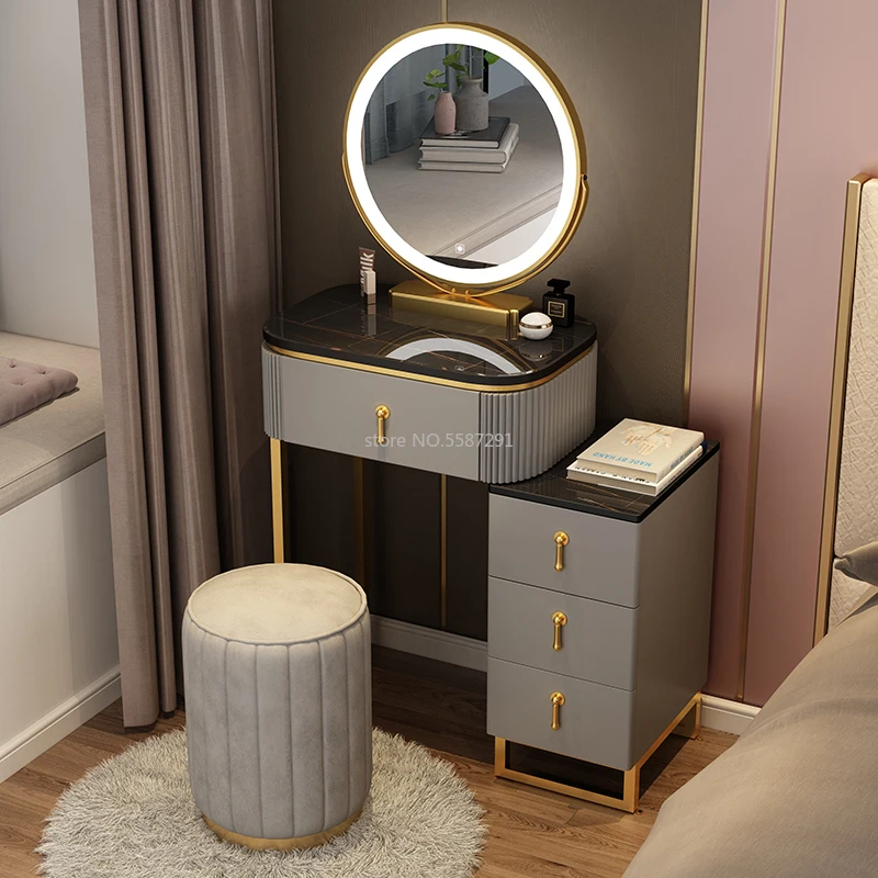Комплект Тоалетка за грим с огледало Шисти мебели Нощно шкафче за съхранение на вещите в спалнята за момичета Вграден в минималистичен тоалетка за грим - 0