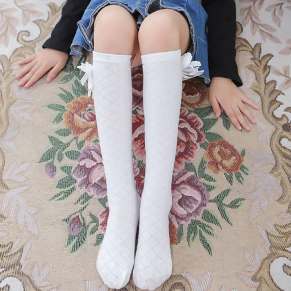 Памучни копринени чорапи с лък, ромбовидная решетка, мрежести чорапи за момичета, права детски памучни чорапи до коляното, модни гамаши за по-големи момичета, тънки - 5