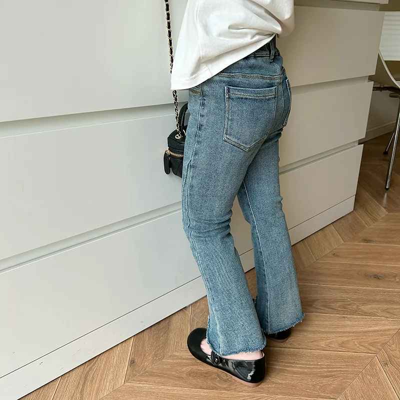 Пролетни модни панталони-клеш с висока еластичност за момичета в корейски стил, детски джинси с отрязани в ретро стил - 1