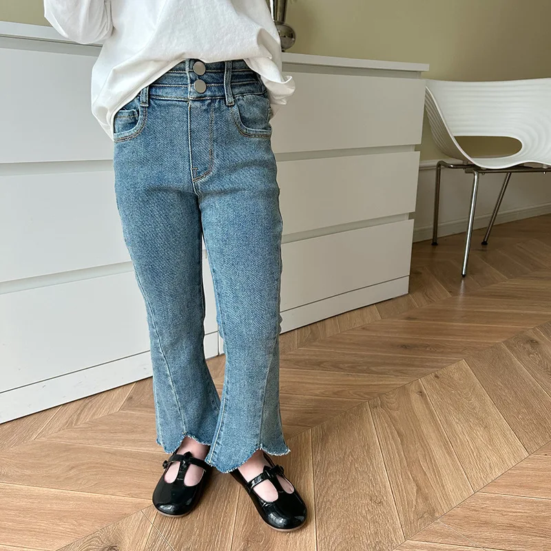 Пролетни модни панталони-клеш с висока еластичност за момичета в корейски стил, детски джинси с отрязани в ретро стил - 2