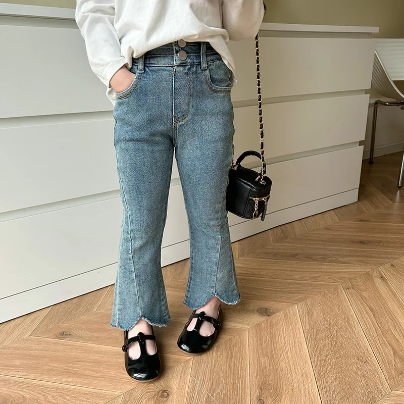 Пролетни модни панталони-клеш с висока еластичност за момичета в корейски стил, детски джинси с отрязани в ретро стил - 3
