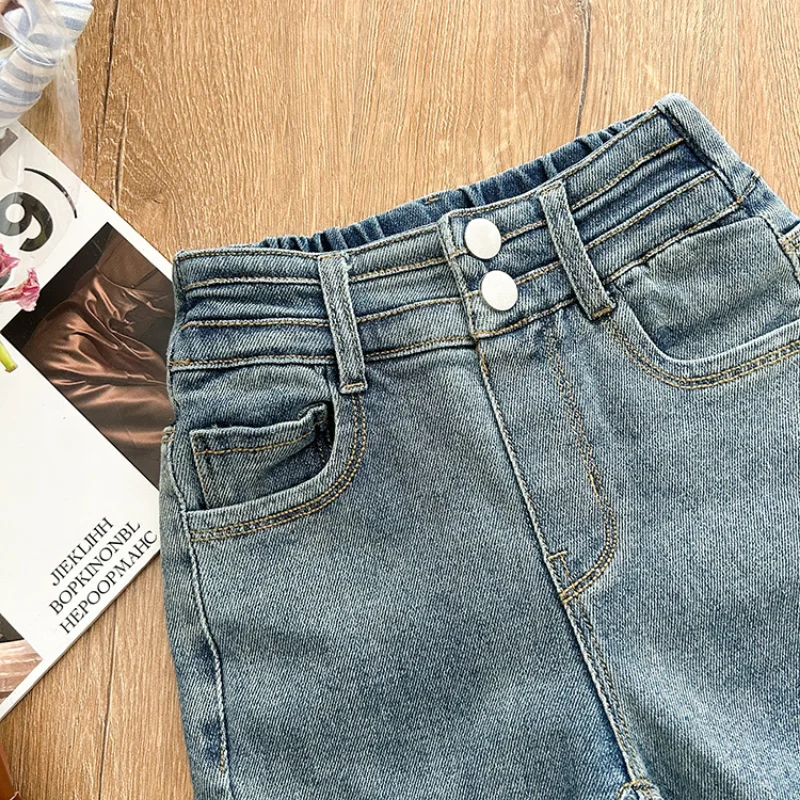 Пролетни модни панталони-клеш с висока еластичност за момичета в корейски стил, детски джинси с отрязани в ретро стил - 5