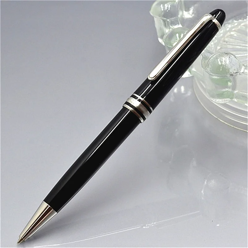 Химикалка Писалка MB Luxury Gmt 163 От Сребро Клипс, Химикалки От Черна Смола, Канцеларски Пособия За Писане, Подарък, Определени От Естествена Кожа Със Сериен Номер - 1