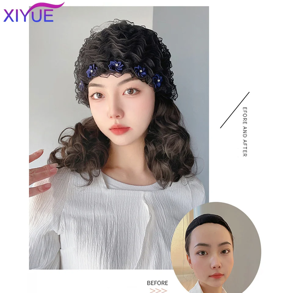 Шапка с цвете XIYUE, къса шапка с къдрава коса, Перуки, Изкуствена Шапка За Удължаване на Коса, Естествена Перука За Жени - 3