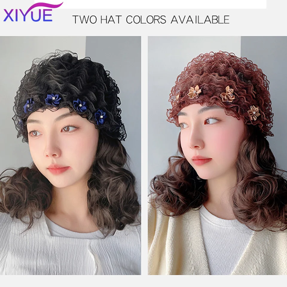 Шапка с цвете XIYUE, къса шапка с къдрава коса, Перуки, Изкуствена Шапка За Удължаване на Коса, Естествена Перука За Жени - 4
