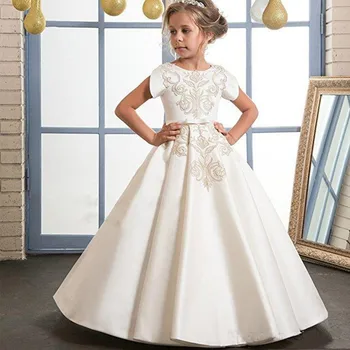 Атласное елегантна рокля на принцеса с къси ръкави и принтом за момичета в цветенце, рокля за първо причастие, сватба денс парти, подарък-мечта за деца