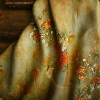 Висококачествена тъкан ramie за рокли с цветя и птици дигитален печат дизайнерско рокля telas рокля дрехи антични плат