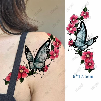 Водоустойчив Временна Татуировка Стикер Малки Червени Цветя Флаш татуировка е Черно-Бяла Пеперуда боди-арт Ръка Крак Фалшива Татуировка на Жените