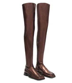 Дамски ботуши над коляното с цип с квадратни пръсти, тънка еластична обувки на плоска подметка с гънки, дамски дълги еластични ботуши с висока талия