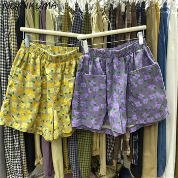 Дамски къси панталони Nomikuma, ежедневни летни шорти с флорални принтом в корейски стил, кратки 2023, еластични, с висока Талия, с двойни джобове, дамски