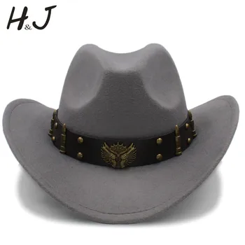Дамски мъжки черна вълнена шапка, ковбойская шапка в западен стил, джентълмен джазовое сомбреро, шапка за татко, каубойски шапки, Размер 56-58 см