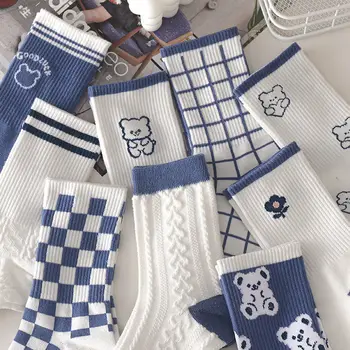 Дамски чорапи с анимационни мечка, есен-зима, синя клетка, японски корейски подарък за Нова година, модерен студентски памук, средната тръба Сокс