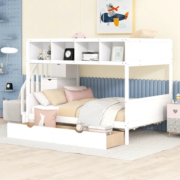 Двуетажно легло Twin over с рафтове, стълбище за съхранение и 2 чекмеджета, бял