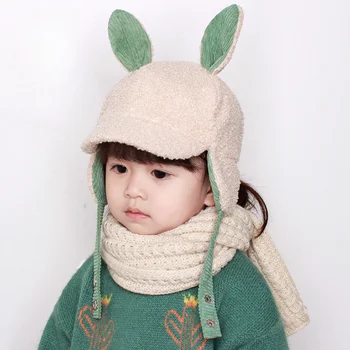 Детска шапка-ушанка от зимния кадифе агне, корейската версия на шапки Лей Фън с кроличьими уши за момчета и момичета, детски топла детска шапчица