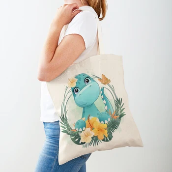 Детски чанти за пазаруване с динозавром, cartoony цвете, лист, домашни любимци, ежедневно чанта с принтом Птици, жираф, холщовая женствена чанта за пазаруване