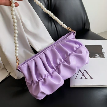 Ежедневните малки чанти за рамо под мишниците за жени, дамски чанти от изкуствена кожа, чанти-тоут, перлени верижки, Чанта, портфейл