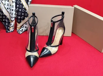 Елегантни лаконичен обувки на квадратен ток с остър пръсти и цип от прозрачен PVC масивна ток, боядисана цип отпред, удобни обувки за ходене голям размер