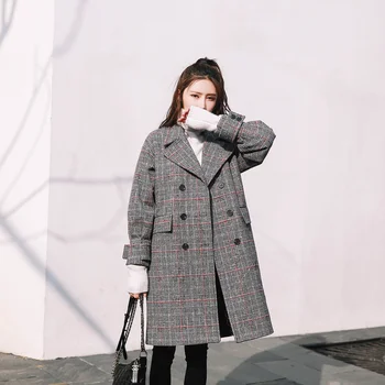 Женска Горна дреха, вълнена Палто в клетка с джобове, свободно вълна Палто с дълъг ръкав 2022, Зимата на топло памучно Дълго ежедневното палто, Есен дамско палто Дамско палто