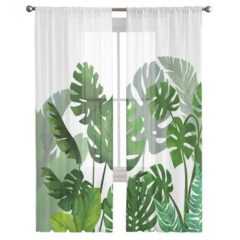 Зелена лятото тропическо растение, бамбук, палмови листа, прозрачни завеси, пердета за хола, щори за спалня, Детска стая, домашен декор