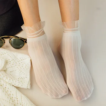 Кадифе дамски чорапи, тънки прозрачни дантелени чорапи с волани, дамски модни летни дълги чорапи и интериор в японски стил