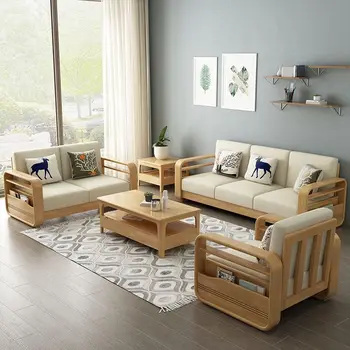 Комбинация на мека мебел от масивно дърво, модерен нов китайски стил, прости диван, оригиналната дървена хол, тканевое изкуство, малък блок, скандинавски стил