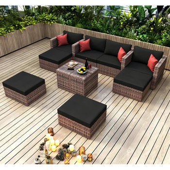 Комплект от 10 теми за градината на открито, кафяв сплетен на секционни дивана за разговори с черни и червени възглавнички, w/Furniture Pro