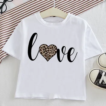 Летни детски леопардовые тениски 2023 г., за момчета и момичета с писмото принтом, детски бели ежедневни блузи с шарките на сърцето за момичета, тениски