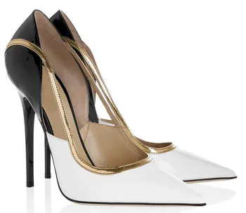 Лоскутные черни, бели, златни дамски обувки-лодка с изрезки, вечерни модел обувки за парти, женски обувки с остри пръсти, чубрица обувки с изключително високи токчета