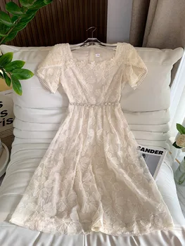 Лятото френското елегантна сетчатое рокля Миди с бродерия, женски квадратен яка, диамант мъниста, пайети, цветя вечерни рокли трапецовидна форма 2023
