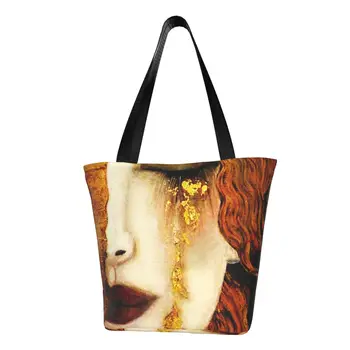 Множество Пазарска Чанта Diana Klimt Golden Сълзи, Дамски Холщовая Чанта-Тоут на Рамото, Здрава Символичная Художествена Чанта За Пазаруване, Торбички За Пазаруване