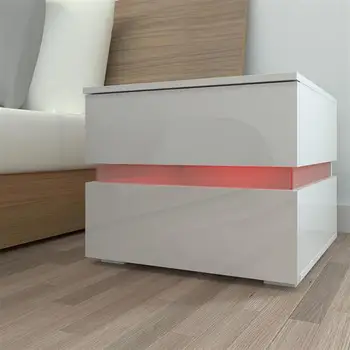 Модерна RGB led нощно шкафче с 2 чекмеджета, органайзер, шкаф за съхранение, малка странична масичка, дом, мебели за спалня, нощни шкафчета цвят Бял
