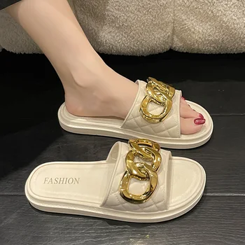 Модни Ежедневни Обувки на плоска подметка от Верига, Дамски Чехли на платформа, Лято 2023, Нова Тенденция, Сандали-Джапанки, Дамски Джапанки Mujer, Чехли